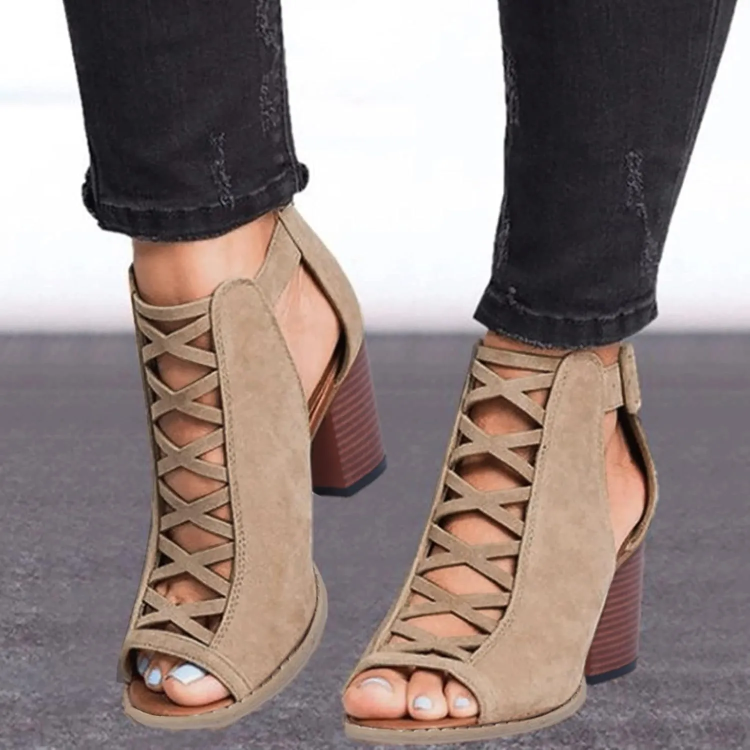 Shoes for Women Dressy, Womens Sandals Suede Peep Toe Ankle Booties Cut Out Stacked Block Heel Ankle Boots