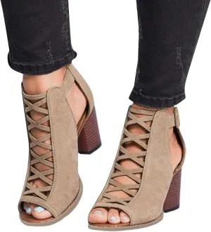 Shoes for Women Dressy, Womens Sandals Suede Peep Toe Ankle Booties Cut Out Stacked Block Heel Ankle Boots