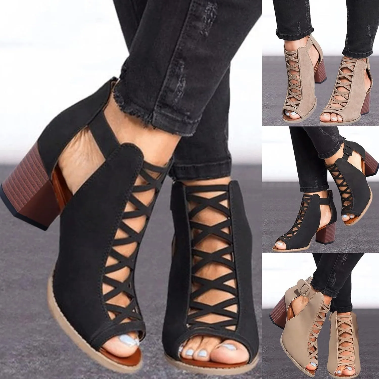 Shoes for Women Dressy, Womens Sandals Suede Peep Toe Ankle Booties Cut Out Stacked Block Heel Ankle Boots