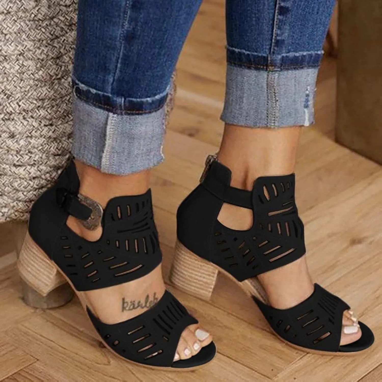 Shoes for Women Dressy, Womens Sandals Suede Peep Toe Ankle Booties Cut Out Stacked Block Heel Ankle Boots