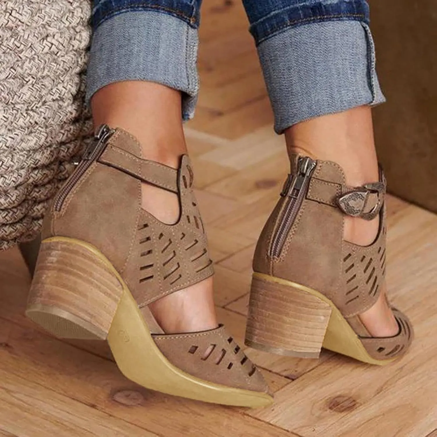 Shoes for Women Dressy, Womens Sandals Suede Peep Toe Ankle Booties Cut Out Stacked Block Heel Ankle Boots