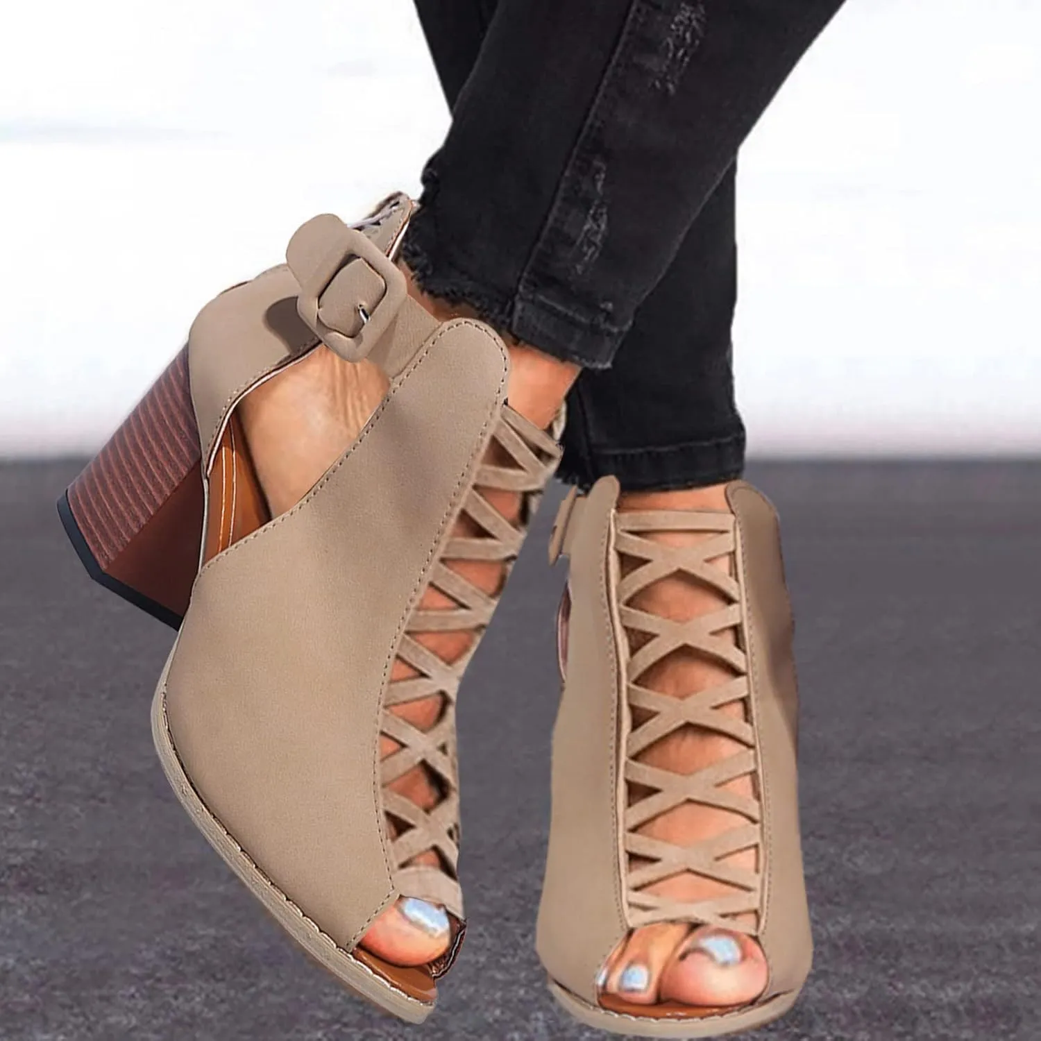Shoes for Women Dressy, Womens Sandals Suede Peep Toe Ankle Booties Cut Out Stacked Block Heel Ankle Boots
