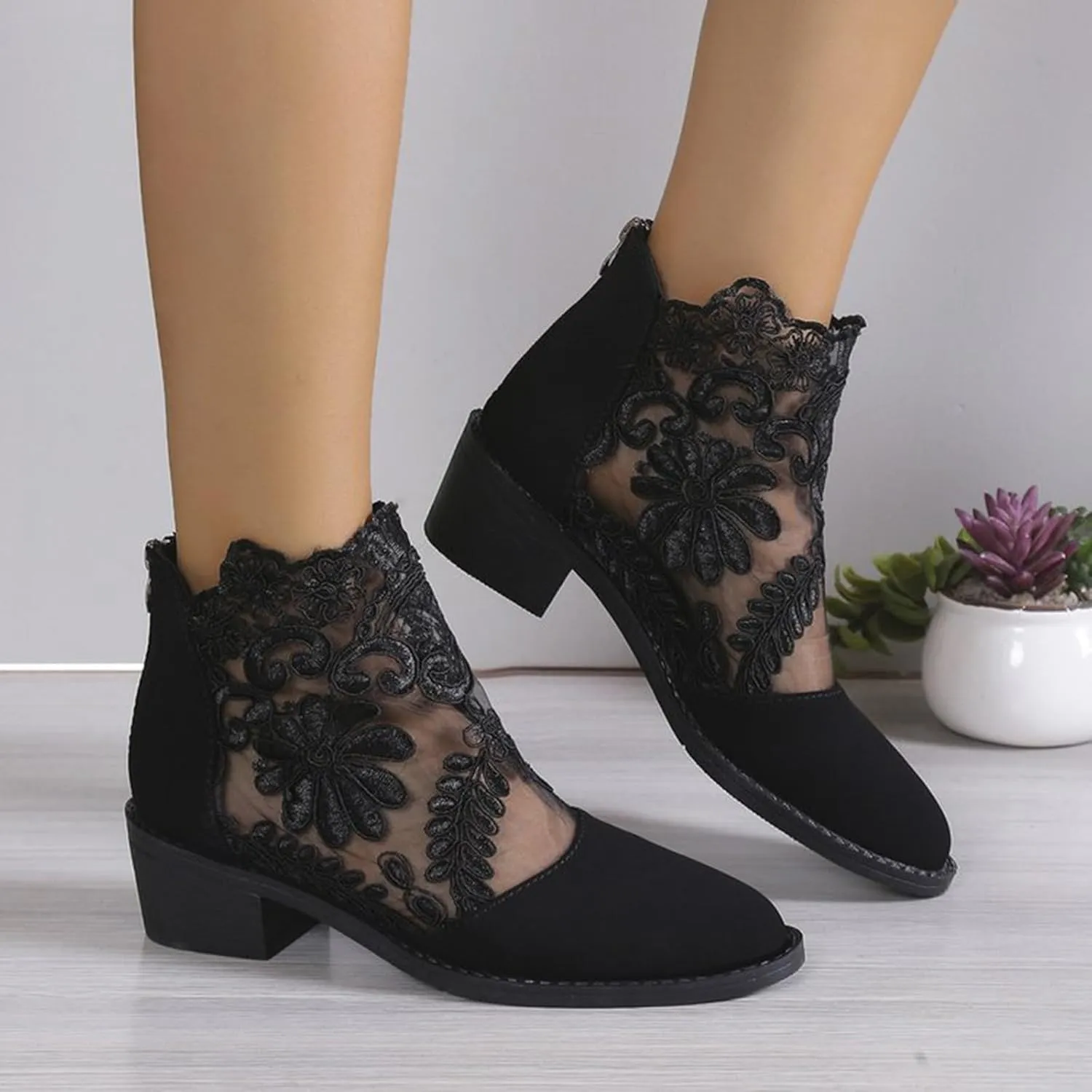 Shoes for Women Sandals, Womens Sandals Sexy Hollow Floral Lace Chunky High Heels Peep Toe Platform Boots