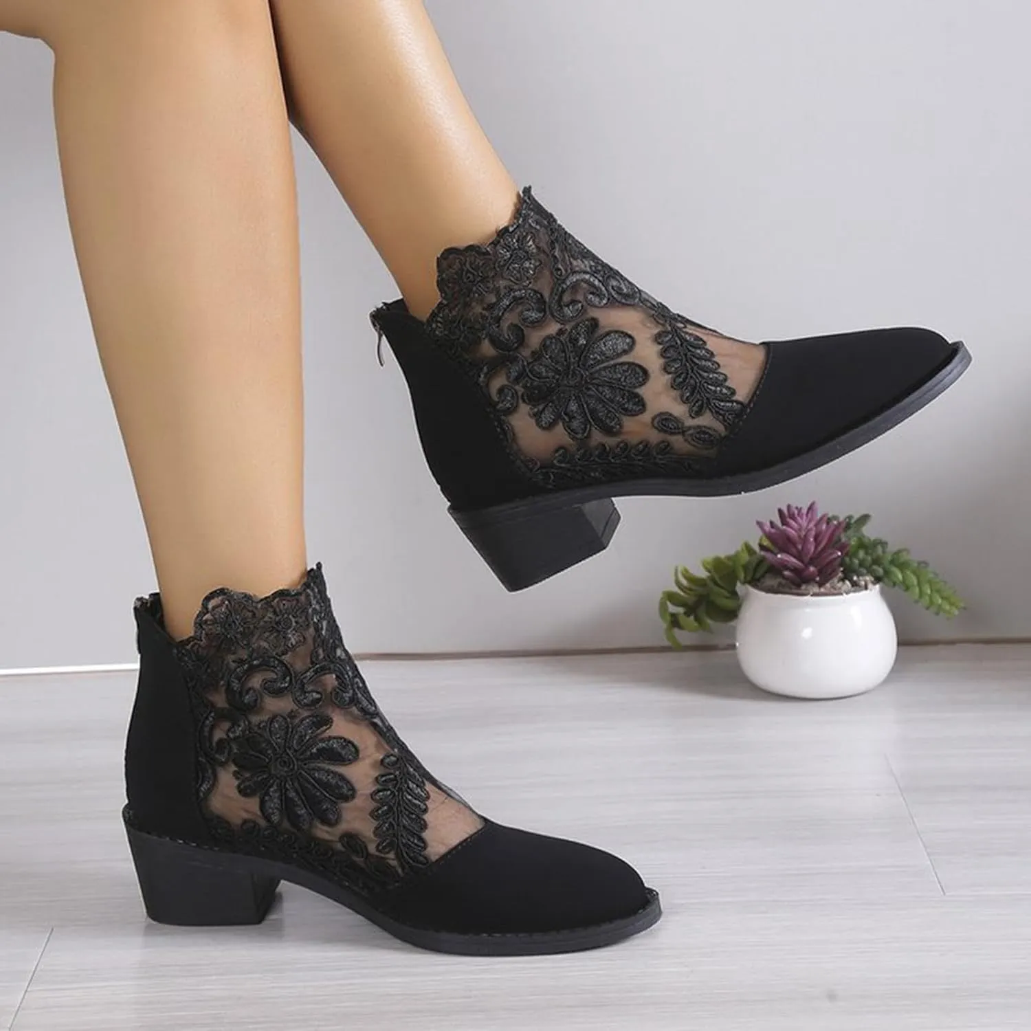 Shoes for Women Sandals, Womens Sandals Sexy Hollow Floral Lace Chunky High Heels Peep Toe Platform Boots