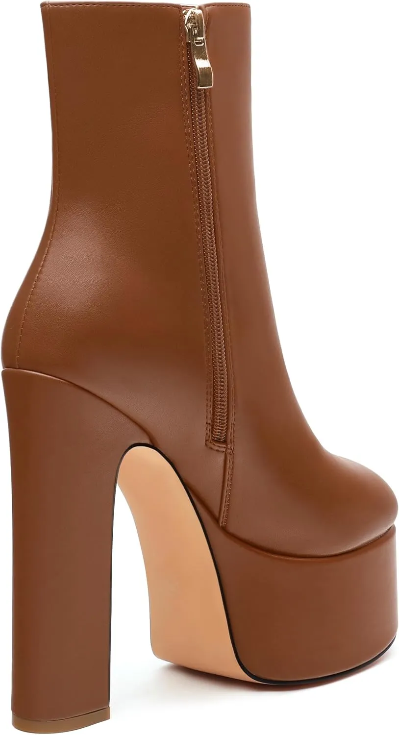 SHOWFOREST Platform Ankle Boots for Women Block High Heel Round Toe 5.9 Inch Short Booties Side Zipper Fashion Wedding Evening Party Fall Shoes