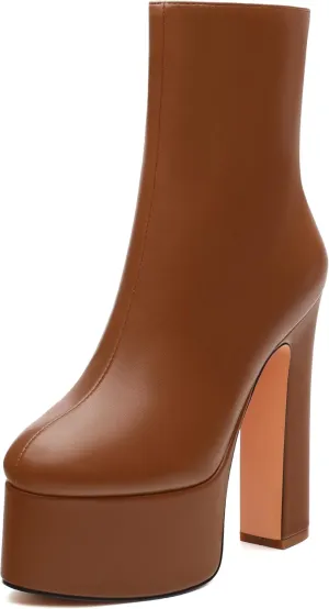 SHOWFOREST Platform Ankle Boots for Women Block High Heel Round Toe 5.9 Inch Short Booties Side Zipper Fashion Wedding Evening Party Fall Shoes