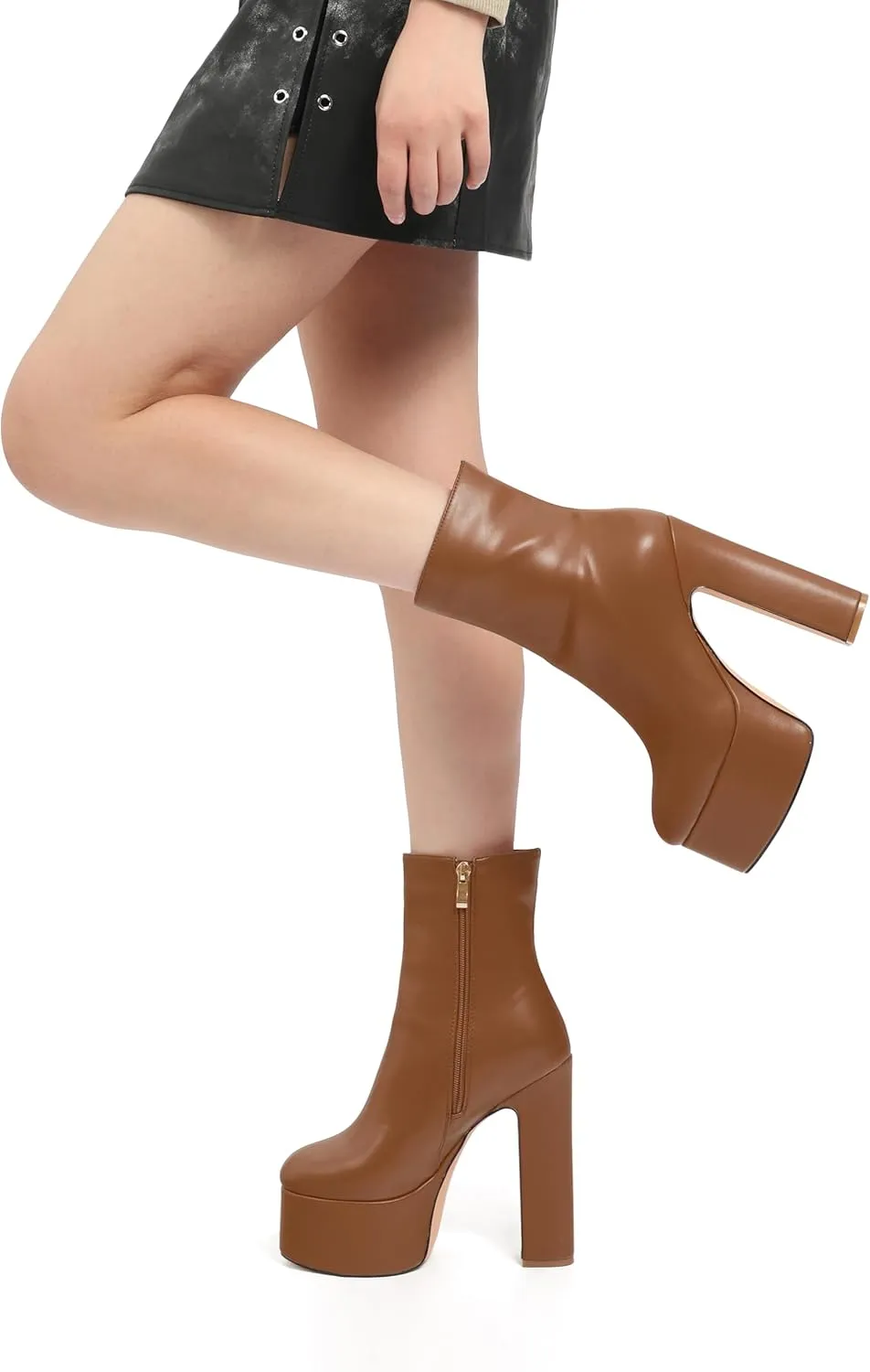 SHOWFOREST Platform Ankle Boots for Women Block High Heel Round Toe 5.9 Inch Short Booties Side Zipper Fashion Wedding Evening Party Fall Shoes