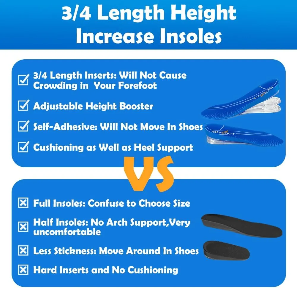 Skyfoot 3 Layers Adjustable Height Increase Shoe Insoles for Height Boosting, 3/4 Length 1 Inch Up Comfy Heel Lifts Inserts (Blue, Women 5-9, Men 6-8)