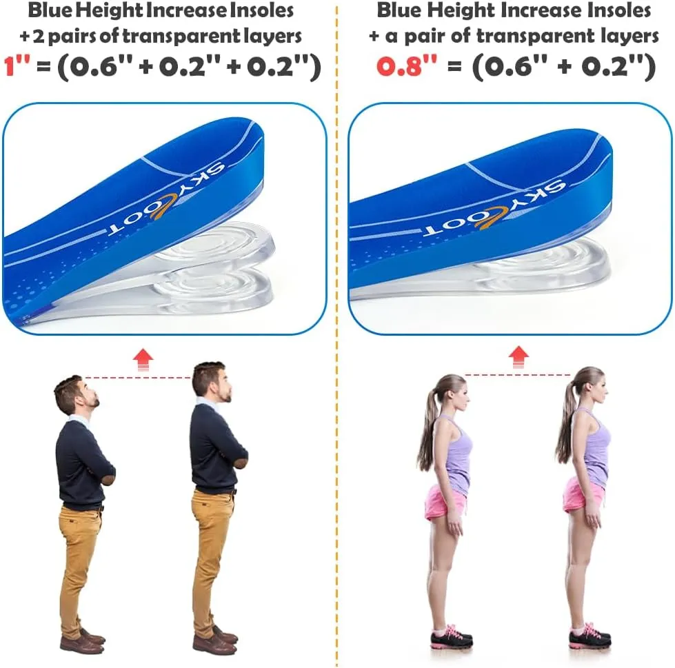 Skyfoot 3 Layers Adjustable Height Increase Shoe Insoles for Height Boosting, 3/4 Length 1 Inch Up Comfy Heel Lifts Inserts (Blue, Women 5-9, Men 6-8)