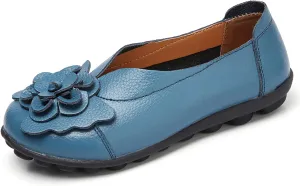Slip on Loafers for Women Leather Flowers Loafers Comfortable Walking Work Flats Shoes Lightweight Soft Sole Flat Shoes Round Toe Summer Shoe