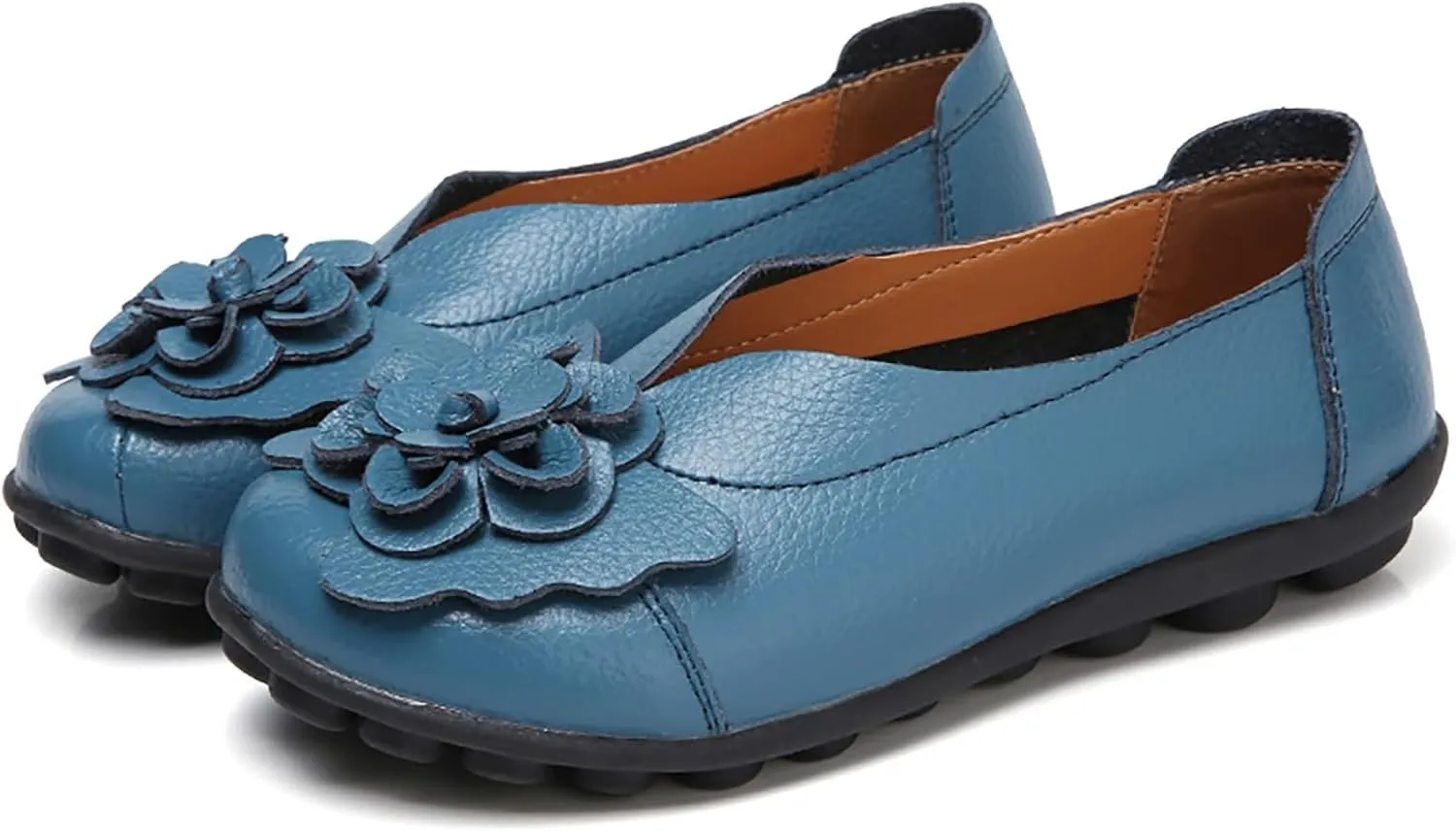 Slip on Loafers for Women Leather Flowers Loafers Comfortable Walking Work Flats Shoes Lightweight Soft Sole Flat Shoes Round Toe Summer Shoe