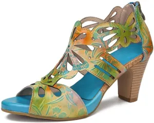 Socofy Women Leather Heeled Sandals Block Heels Roman Sandals Colorful Vintage Bohemian Sandal Chunky Heeled Sandals for Womens Bohemian Cutout Open Toe Summer Block Heeled Party Sandals