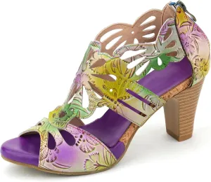 Socofy Women Leather Heeled Sandals Block Heels Roman Sandals Colorful Vintage Bohemian Sandal Chunky Heeled Sandals for Womens Bohemian Cutout Open Toe Summer Block Heeled Party Sandals