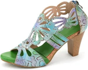 Socofy Women Leather Heeled Sandals Block Heels Roman Sandals Colorful Vintage Bohemian Sandal Chunky Heeled Sandals for Womens Bohemian Cutout Open Toe Summer Block Heeled Party Sandals