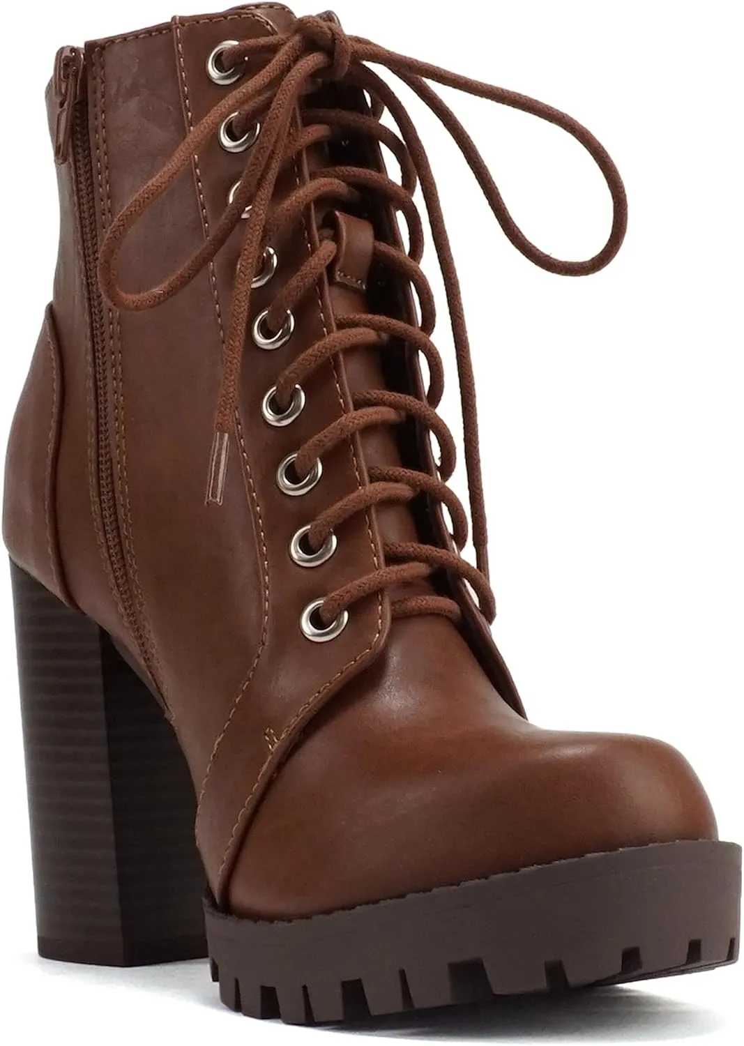 Soda Chalet – Fashion Lace up Military Inspired Ankle Boot with Stacked Heel and Side Zipper