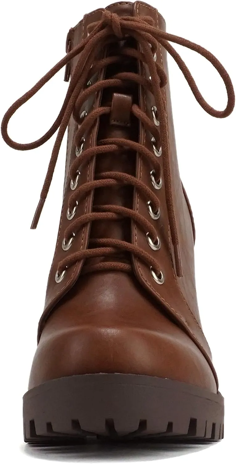 Soda Chalet – Fashion Lace up Military Inspired Ankle Boot with Stacked Heel and Side Zipper