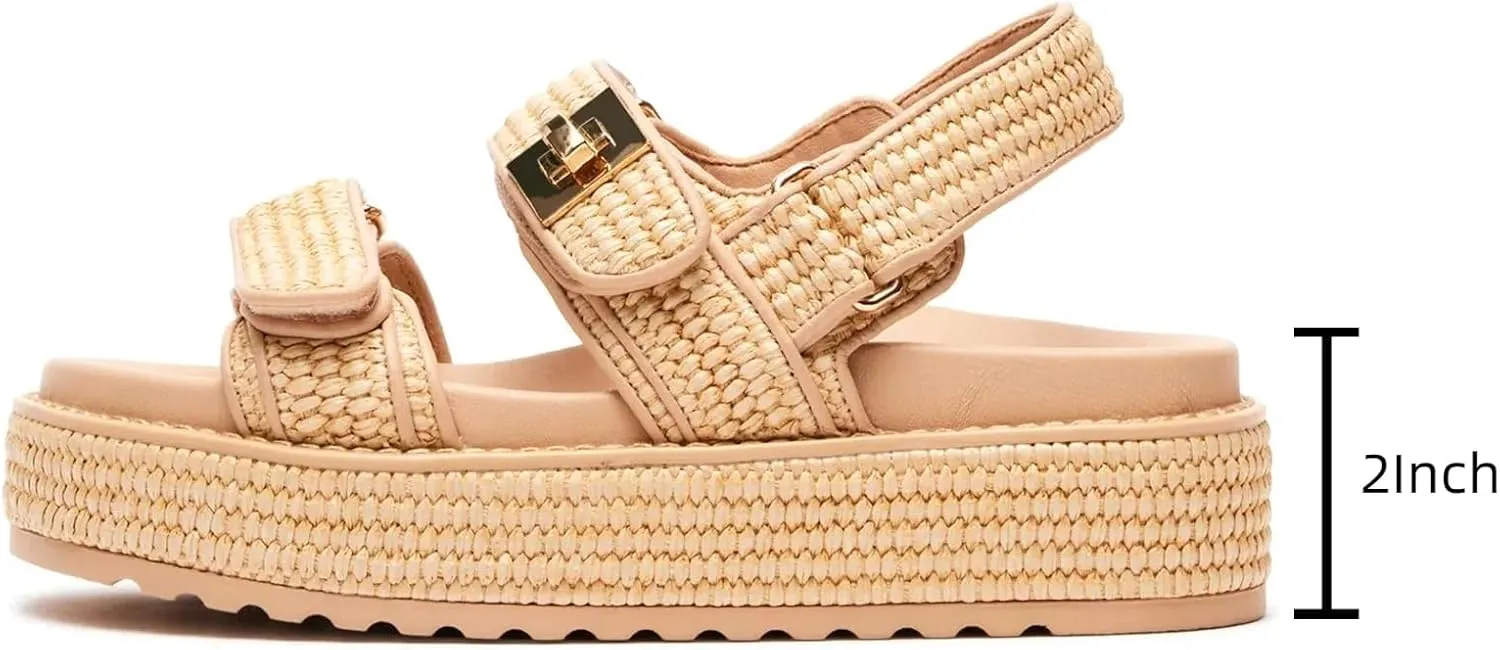 SOVANYOU Raffia Platform Wedge Sandals for Women Comfortable Summer Beach Sandals Open Toe Slingback Platform Sandals with Adjustable Double Buckle