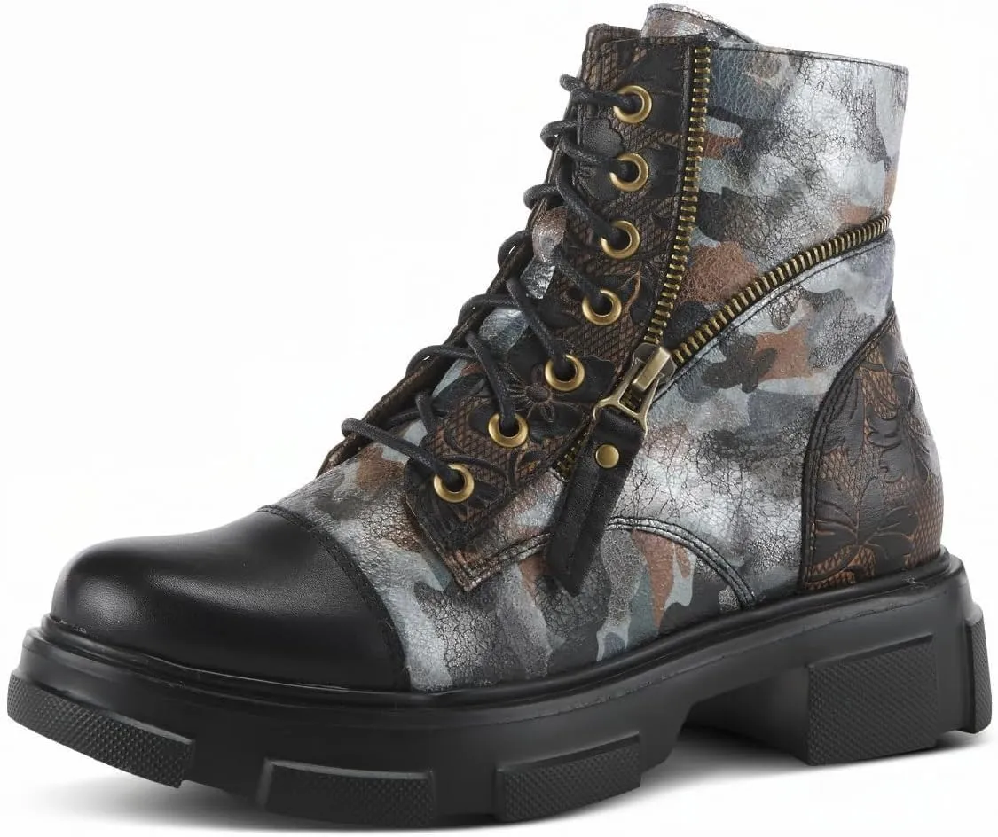 Spring Step L'Artiste Carnelian Booties for Women - Leather Ankle Boots with Lace-up and Zipper - Hand-Painted Womens Boots for Outdoor