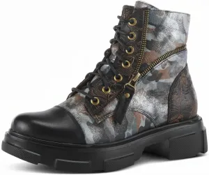 Spring Step L'Artiste Carnelian Booties for Women - Leather Ankle Boots with Lace-up and Zipper - Hand-Painted Womens Boots for Outdoor
