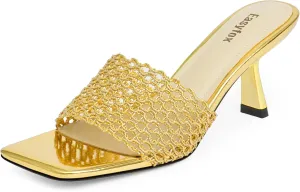 Square Toe Heeled Sandals Women Slip on Open Toe Mules for Women