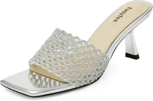 Square Toe Heeled Sandals Women Slip on Open Toe Mules for Women