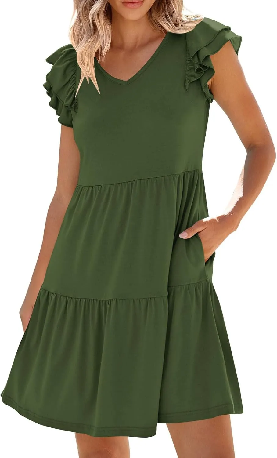 Summer Babydoll Dresses for Women 2025 Cute Ruffle Cap Sleeve V-Neck Mini Sundress Tiered Flowy Short Tunic Dress