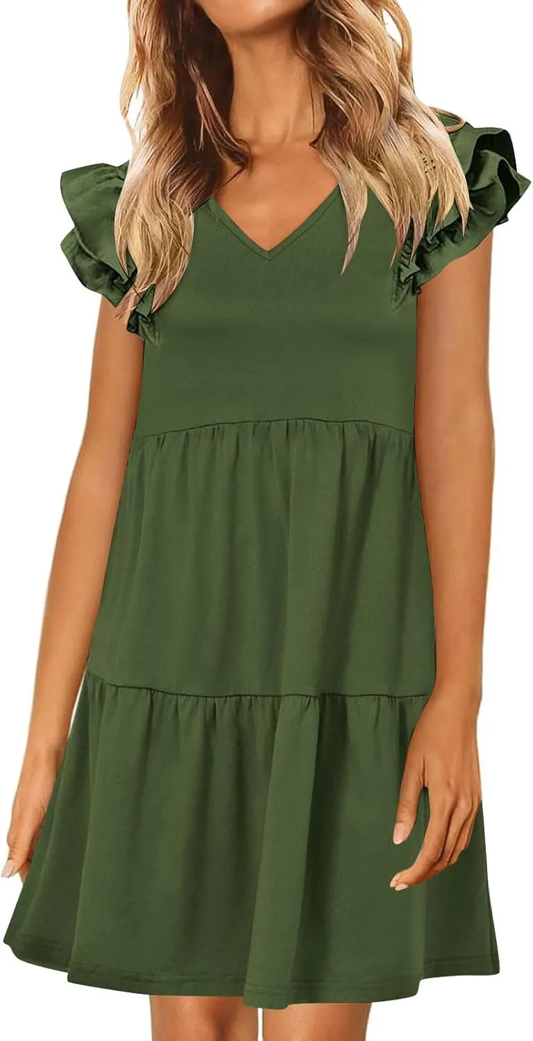 Summer Babydoll Dresses for Women 2025 Cute Ruffle Cap Sleeve V-Neck Mini Sundress Tiered Flowy Short Tunic Dress