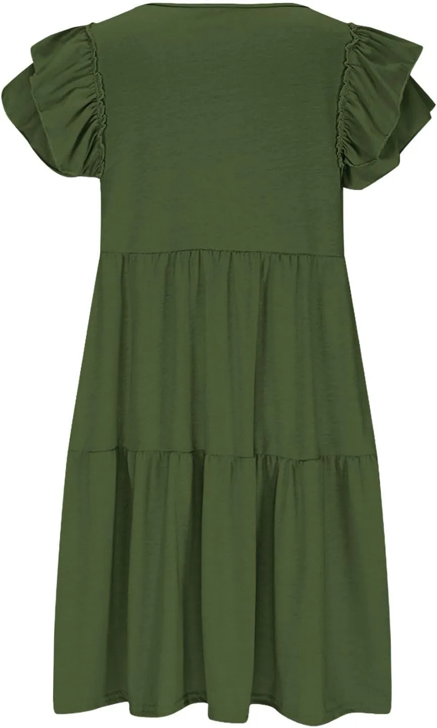 Summer Babydoll Dresses for Women 2025 Cute Ruffle Cap Sleeve V-Neck Mini Sundress Tiered Flowy Short Tunic Dress