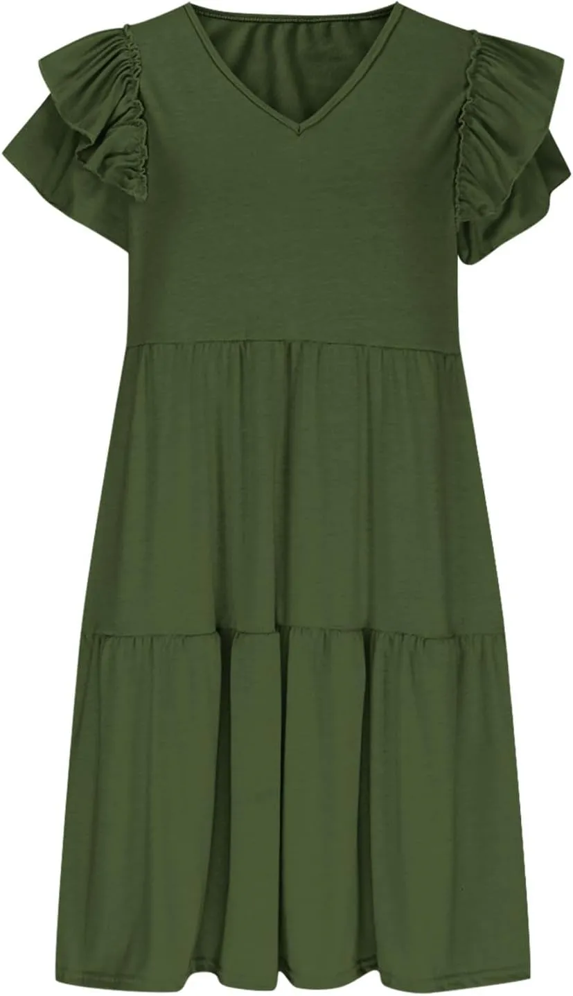 Summer Babydoll Dresses for Women 2025 Cute Ruffle Cap Sleeve V-Neck Mini Sundress Tiered Flowy Short Tunic Dress