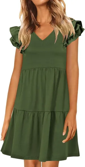 Summer Babydoll Dresses for Women 2025 Cute Ruffle Cap Sleeve V-Neck Mini Sundress Tiered Flowy Short Tunic Dress