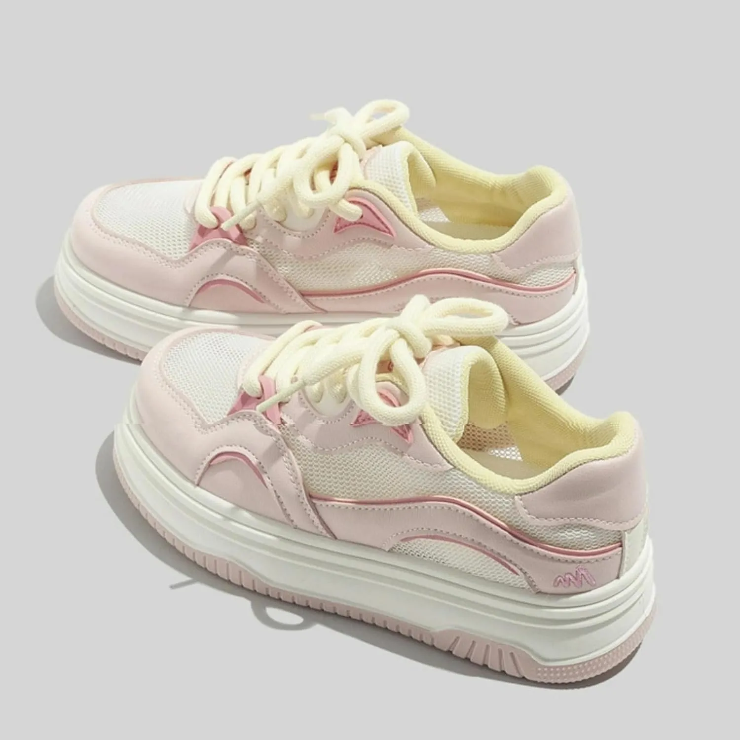 Summer Cute Star Fox & Bow White Sneakers for Women Lace-Up Skate Shoes 2" Rubber Thick Sole Height Increase Walking Cute Shoes