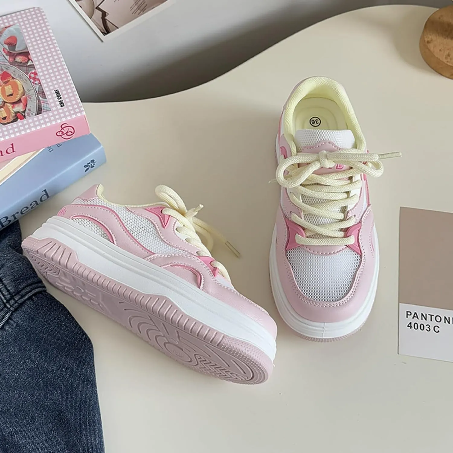 Summer Cute Star Fox & Bow White Sneakers for Women Lace-Up Skate Shoes 2" Rubber Thick Sole Height Increase Walking Cute Shoes