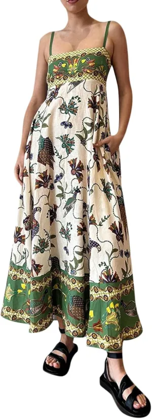 Summer Dresses for Women Vacation Spaghetti Strap Graffiti Sleeveless Swing Sundress Boho Beach Maxi Cami Dress