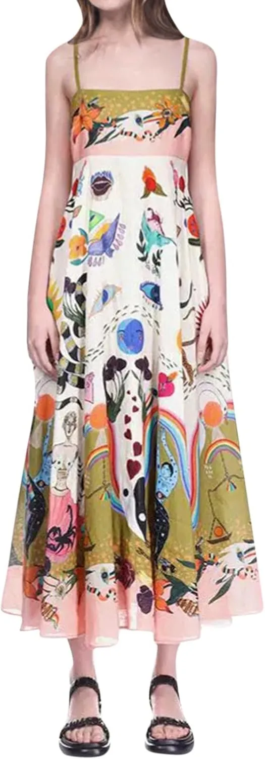 Summer Dresses for Women Vacation Spaghetti Strap Graffiti Sleeveless Swing Sundress Boho Beach Maxi Cami Dress