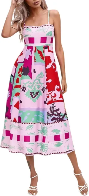 Summer Dresses for Women Vacation Spaghetti Strap Graffiti Sleeveless Swing Sundress Boho Beach Maxi Cami Dress