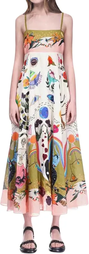 Summer Dresses for Women Vacation Spaghetti Strap Graffiti Sleeveless Swing Sundress Boho Beach Maxi Cami Dress