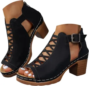 Summer Sandals for Women 2025 Trendy Dressy Fashion Open Toe Heel Sandal Chunky Heels Adjustable Straps Ankle Strap Zipper Back High Heel Sandals