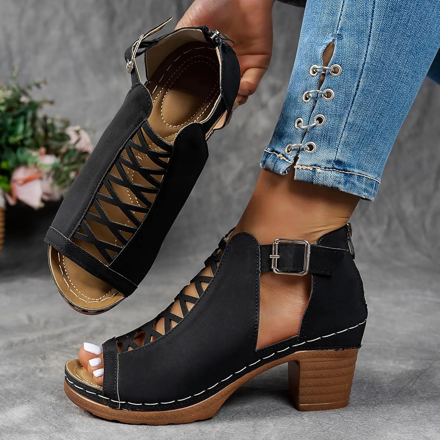 Summer Sandals for Women 2025 Trendy Dressy Fashion Open Toe Heel Sandal Chunky Heels Adjustable Straps Ankle Strap Zipper Back High Heel Sandals