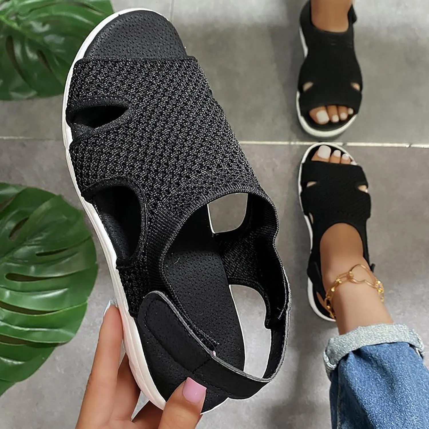 Summer Sandals for Women Platform Fashion Breathable Mesh Walking Sandals Comfortable Elastic Knit Slingback Shoes