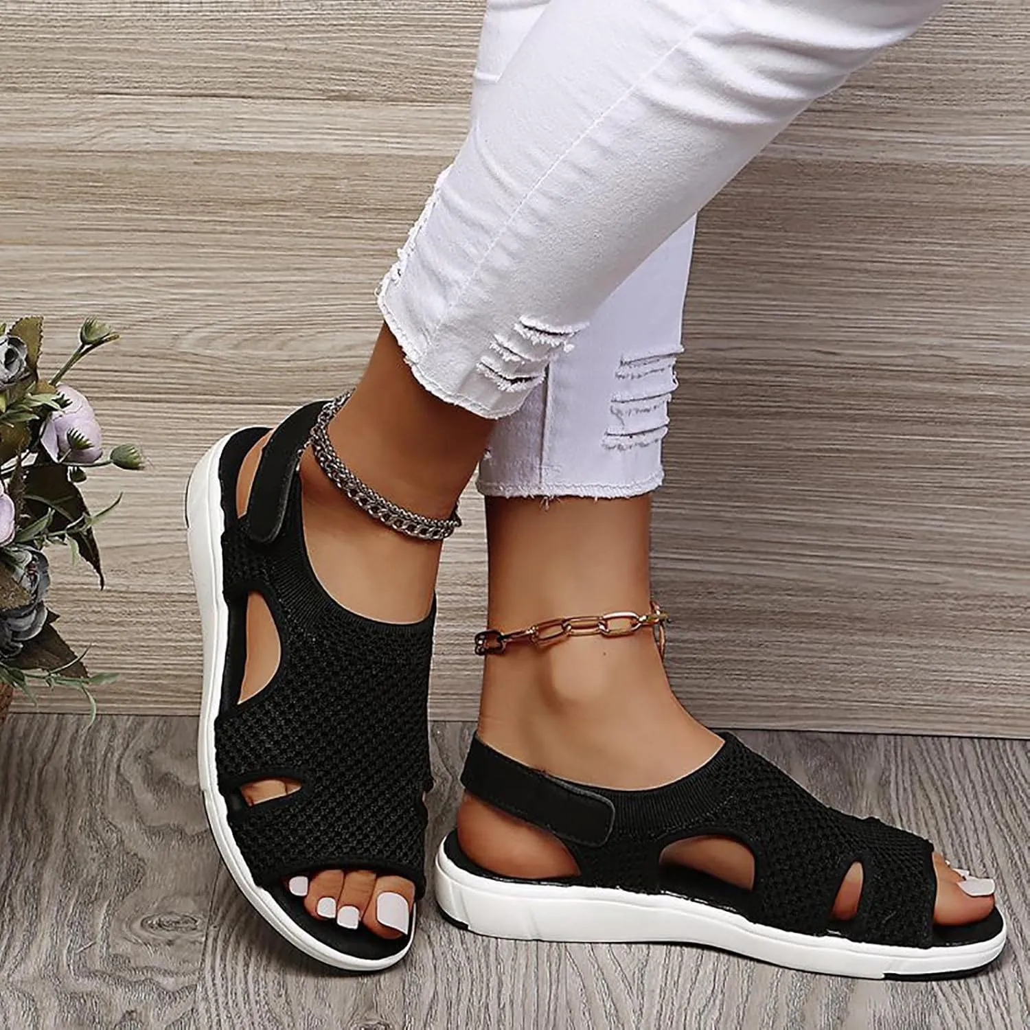Summer Sandals for Women Platform Fashion Breathable Mesh Walking Sandals Comfortable Elastic Knit Slingback Shoes