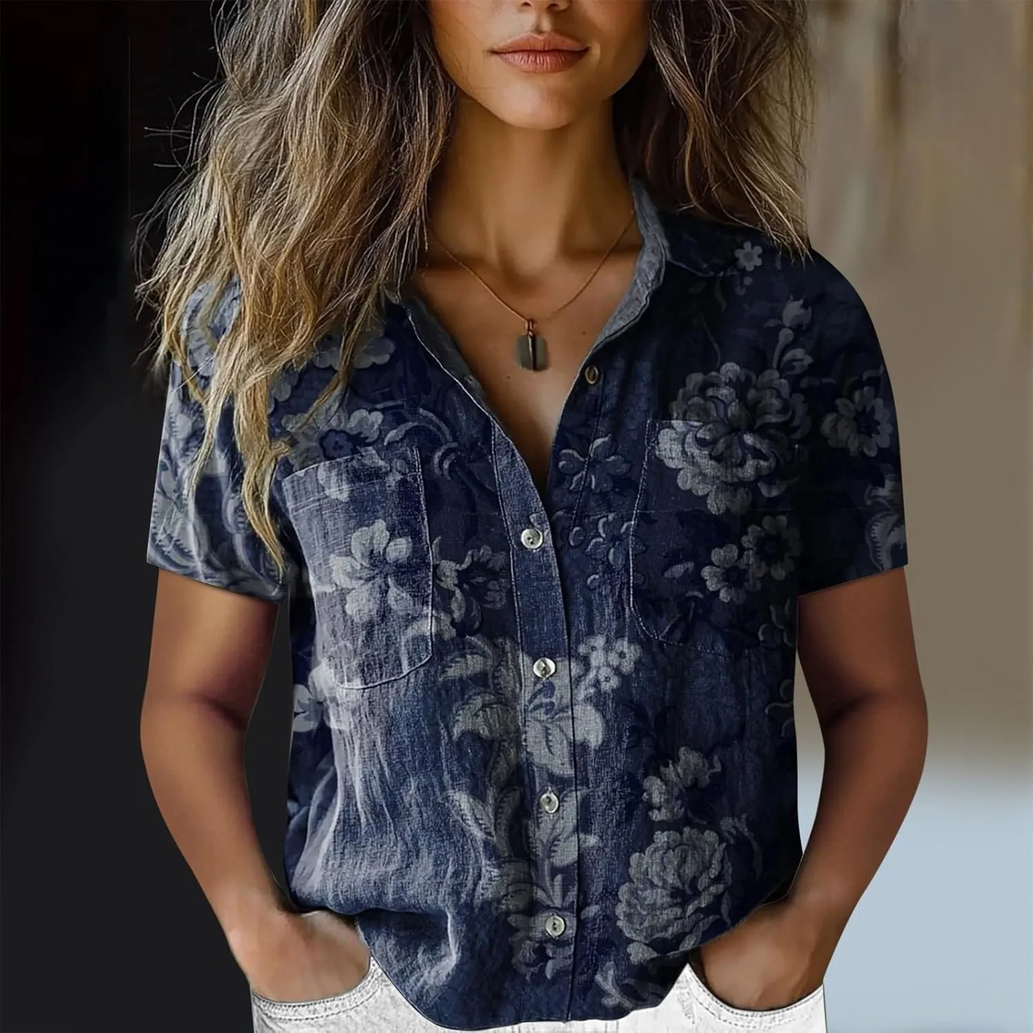 Summer Tops for Women 2025 Trendy Boho Floral Print Shirt Short Sleeve Button up Peasant Blouses Casual Loose Outfits