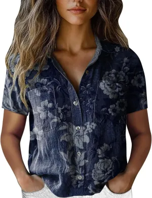 Summer Tops for Women 2025 Trendy Boho Floral Print Shirt Short Sleeve Button up Peasant Blouses Casual Loose Outfits