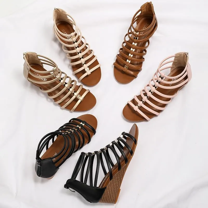 Summer Women's Wedge Bohemian Seaside Vacation Sandals - Roman-Style with Back Zipper for Effortless Beach Fashion