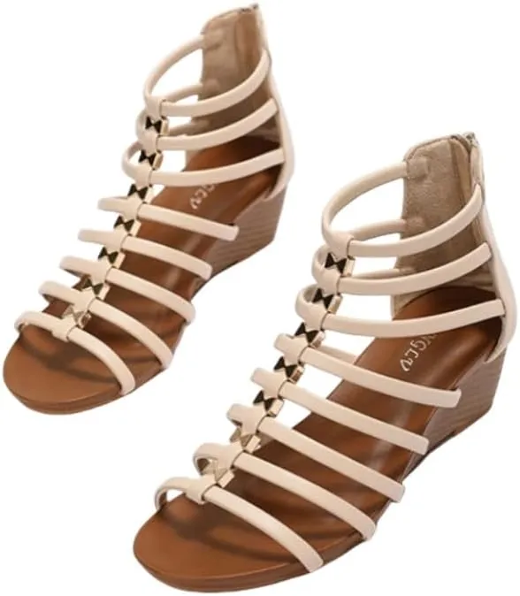 Summer Women's Wedge Bohemian Seaside Vacation Sandals - Roman-Style with Back Zipper for Effortless Beach Fashion