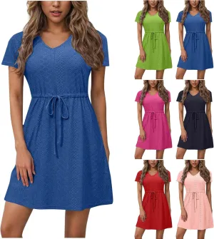 Sundresses for Women 2025 Beach Vacation Cover Ups Eyelet Tshirt Dress Casual V-Neck Drawstring Slit Flowy Mini Dress