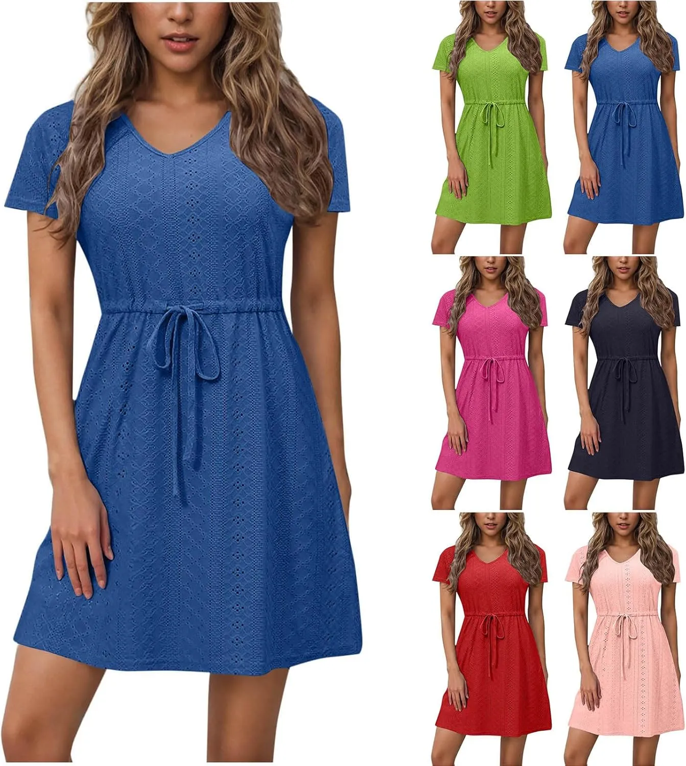 Sundresses for Women 2025 Beach Vacation Cover Ups Eyelet Tshirt Dress Casual V-Neck Drawstring Slit Flowy Mini Dress
