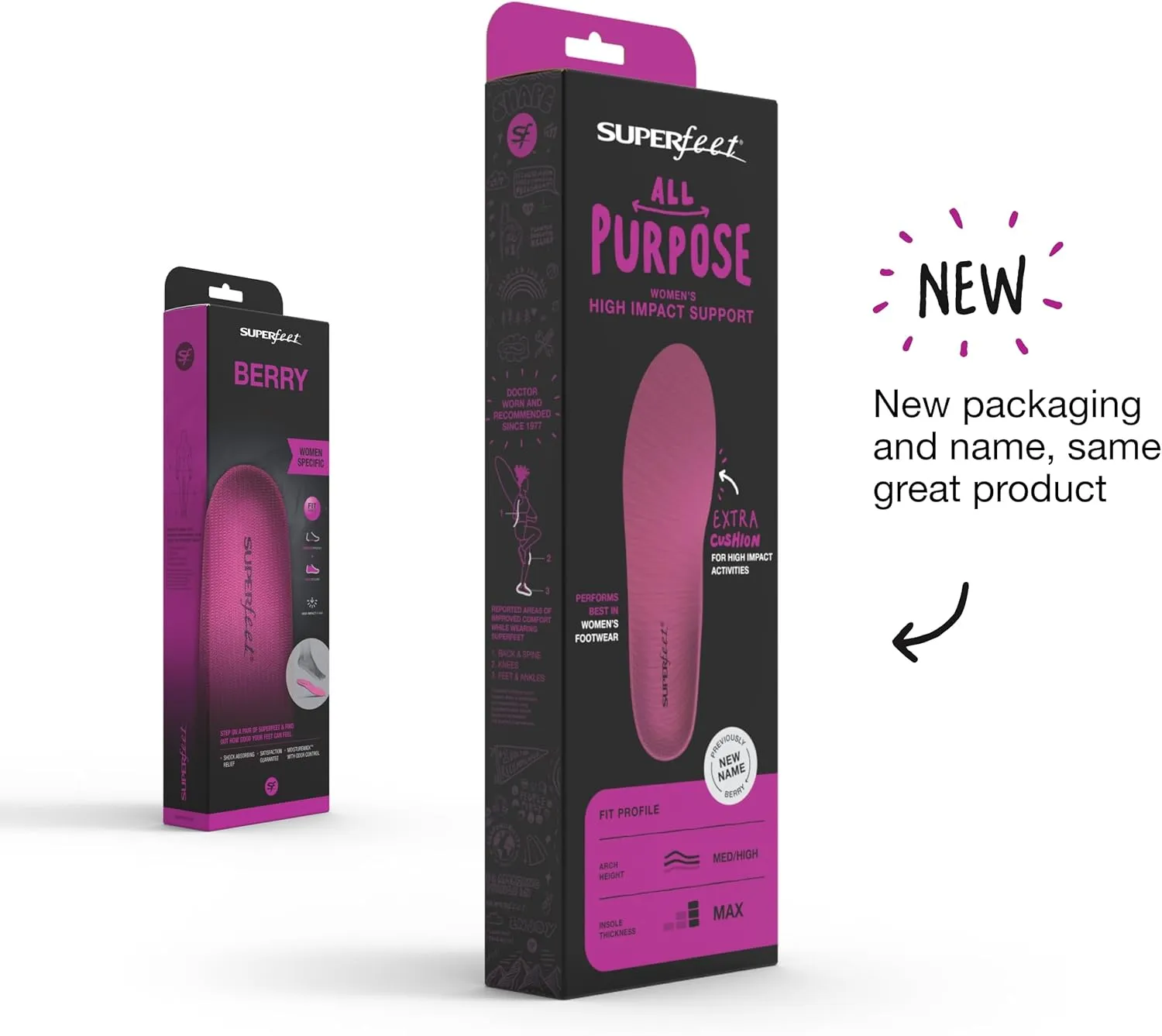 Superfeet All-Purpose Women's High Impact Support Insoles (Berry) - Trim-To-Fit Orthotic Arch Support Inserts for Women's Running Shoes - Professional Grade