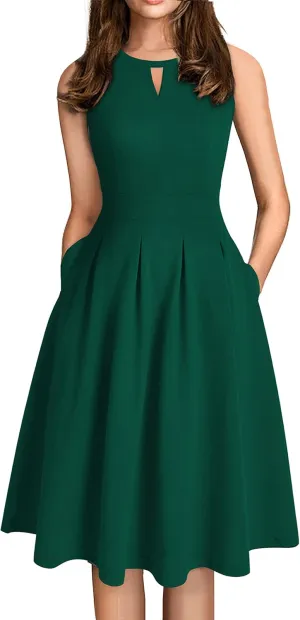 Sureple Women's Retro Sleeveless Swing Casual Work Party Dress with Pockets