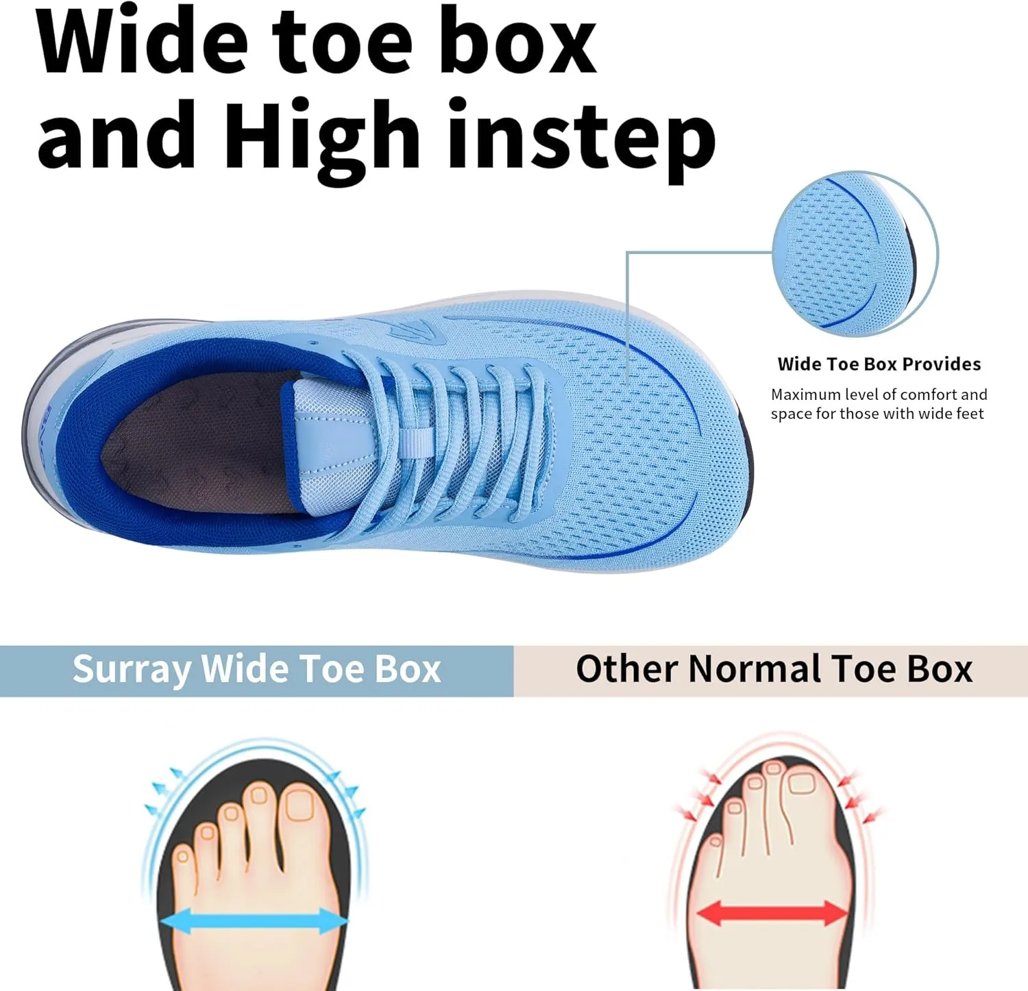SURRAY Women Wide Toe Box Walking Shoes with Arch Support Air Tennis Running Sneakers Extra Wide Width Woman Shoe for Plantar Fasciitis Flat Foot Heel Pain Relief US Size 6-11
