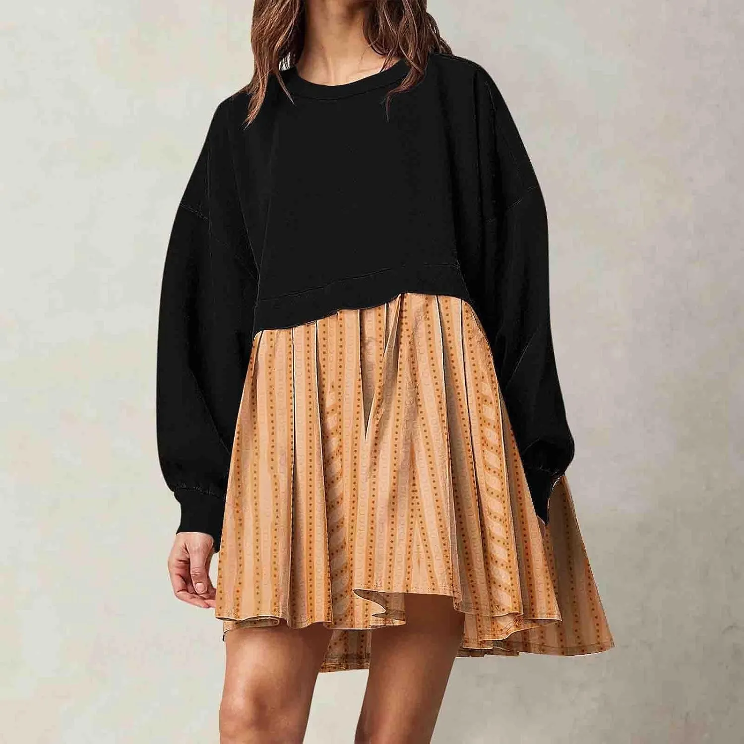Sweatshirts Dresses for Women Crewneck Long Sleeve Patchwork Mini Dress Funny Print Graphic Shirt Loose Pullover Tops